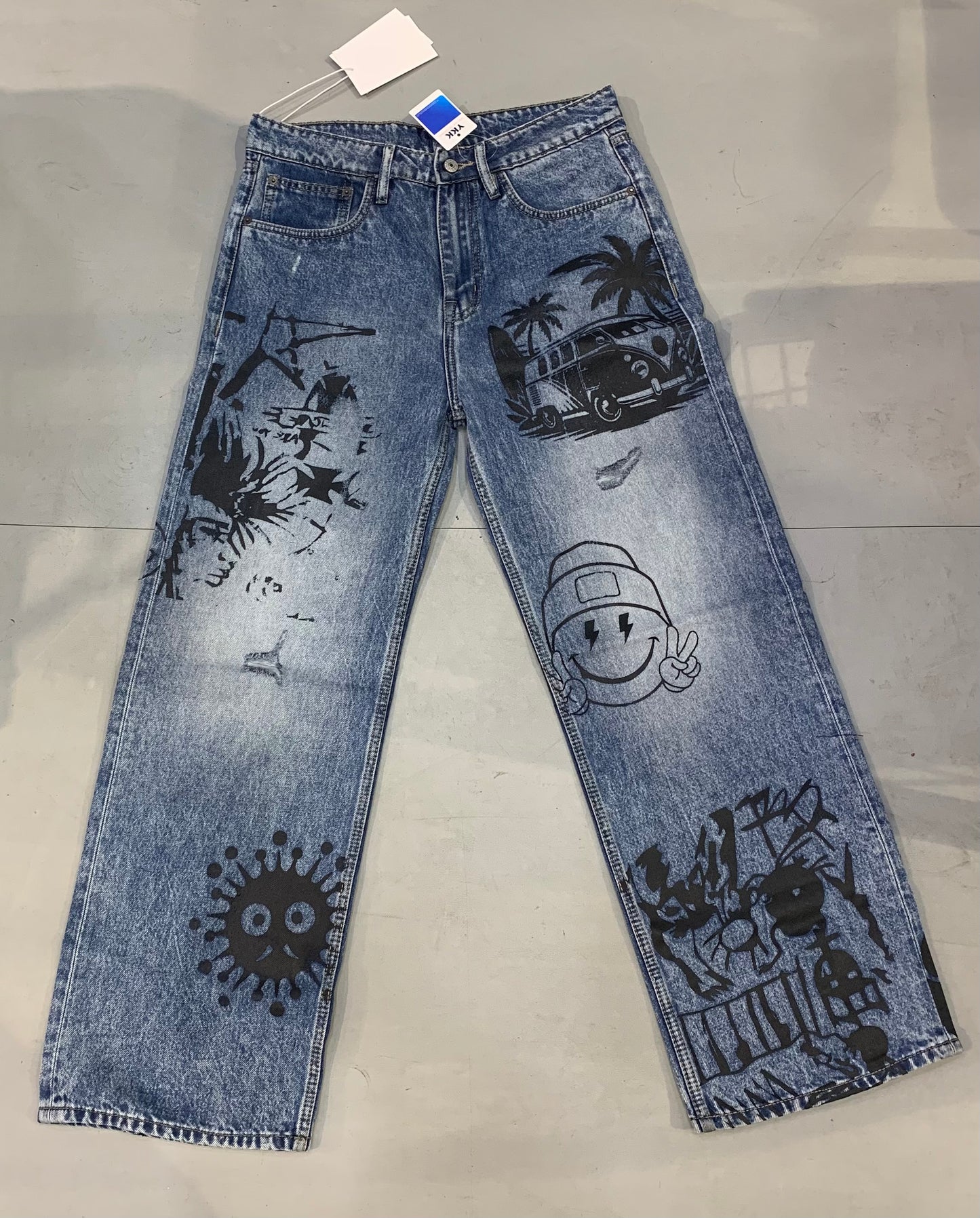NCA ACN Faded Blue Denim With Black Print Premium Quality Straight Baggy Fit Jeans 419V