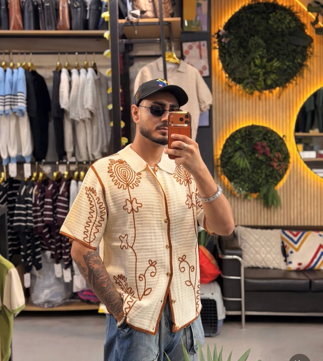 Zhi You Crochet Cream Brown Colour See Through Imported Unisex Shirt A57