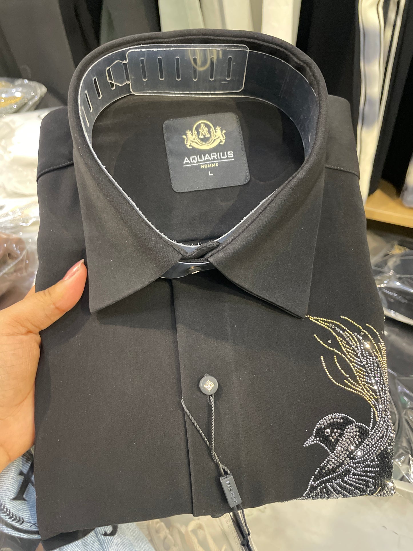 AQUARIUS Black Colour Gold Black Silver Stud Bird Design Premium Quality Full sleeve Shirt 2619B