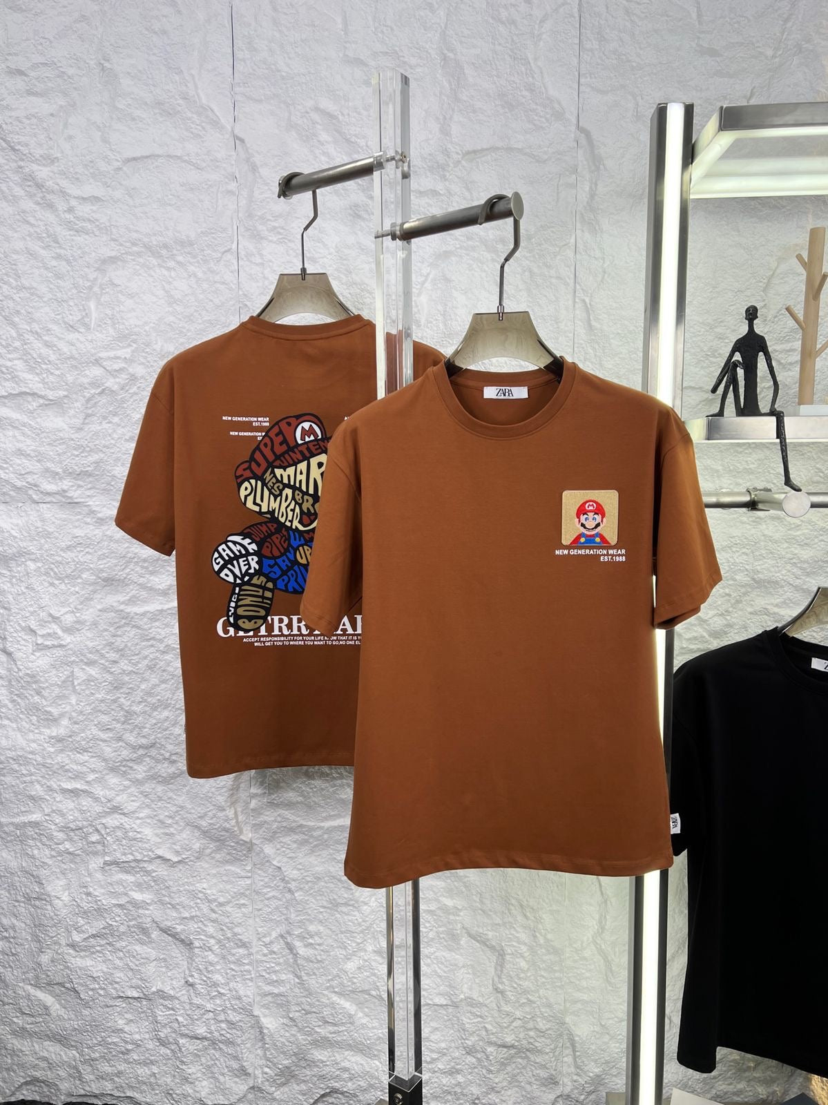 Raz Zar Black Colour EST.1988 Mario Back Print T-Shirt 5584