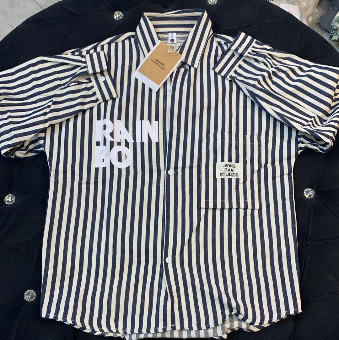 Chaoliu Boy Blue And White Lining Zebra Print Single Pocket Full Sleeve Shirt 983