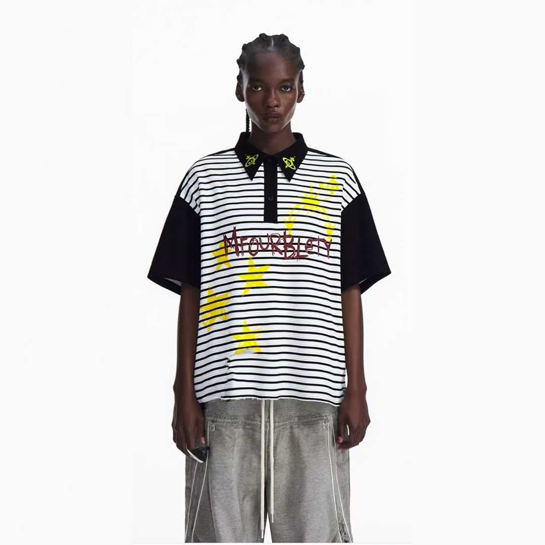 M Four White Black Stripe Yellow Red Colour Print Baggy Look T-Shirt 26SS-046
