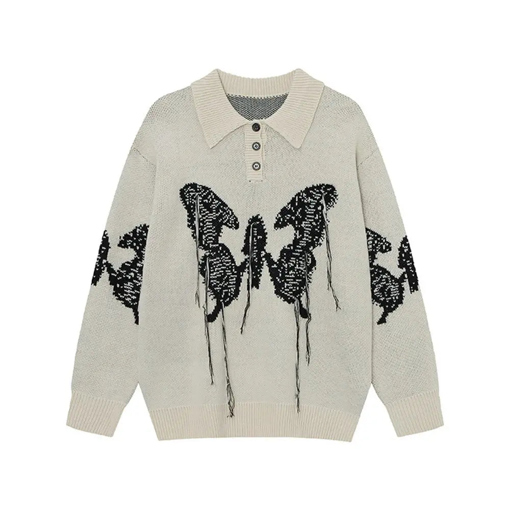 LET’S ROCK Cream Important Ripped Collar Oversized Unisex Knit Sweater 7571