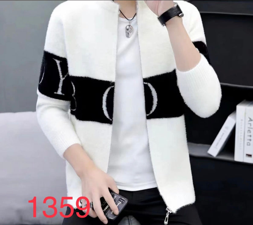 BOY White Colour With Black Boy Print Turtleneck Zipper Sweater Unisex Sweater 19350