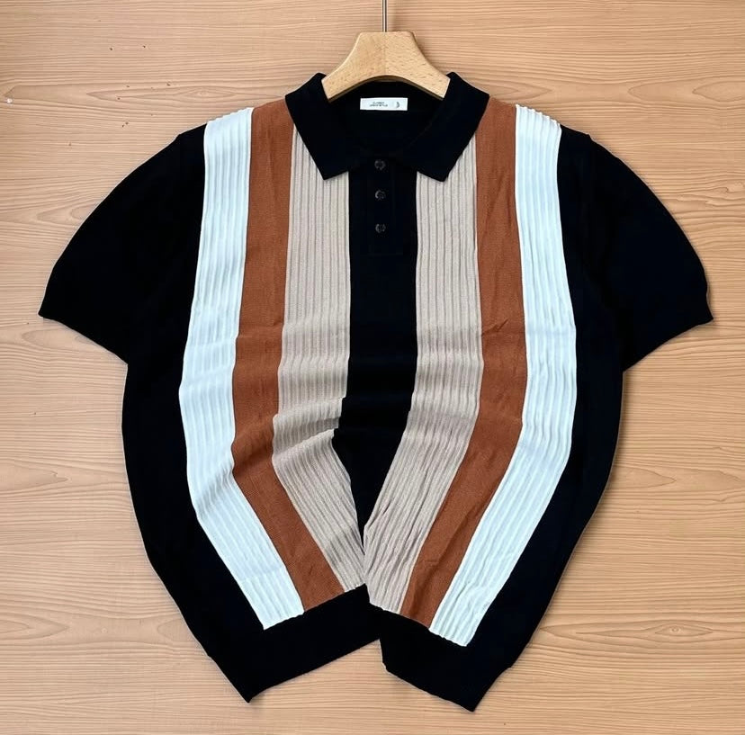 Classic Urban Style Black Beige Tan White Colour With knitted Designs Premium Quality Collar Tshirt F6177