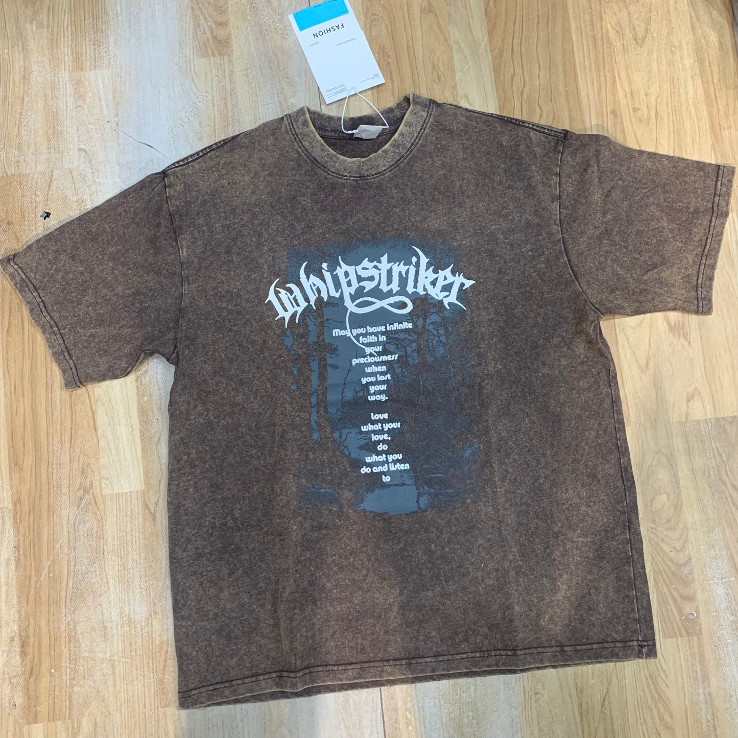 UNUSUAL Brown Colour Faded Denim Style Printed Unisex Oversized T Shirt 86127
