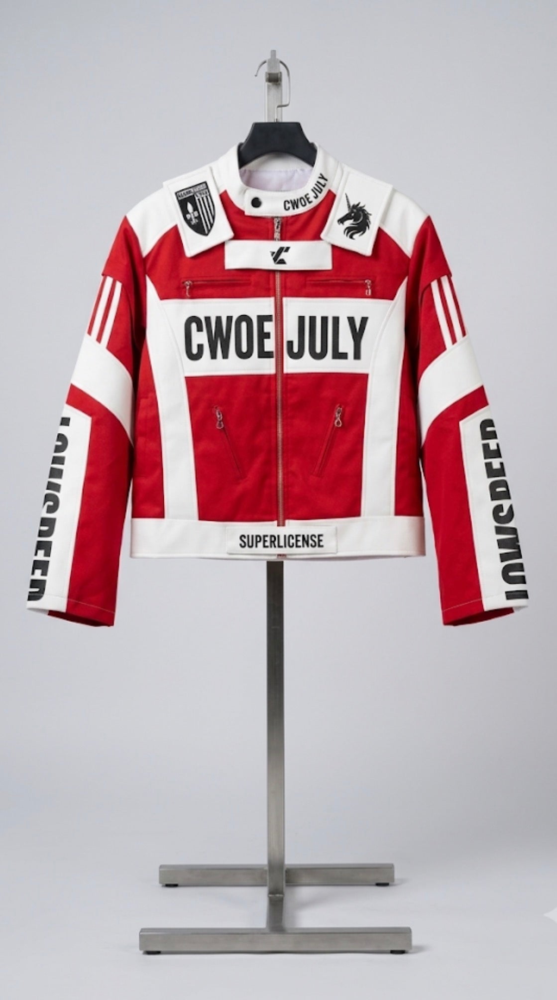 Q.w. Zhan Red White Colour CWOE JULY Print Premium Quality Unisex Jacket 991076