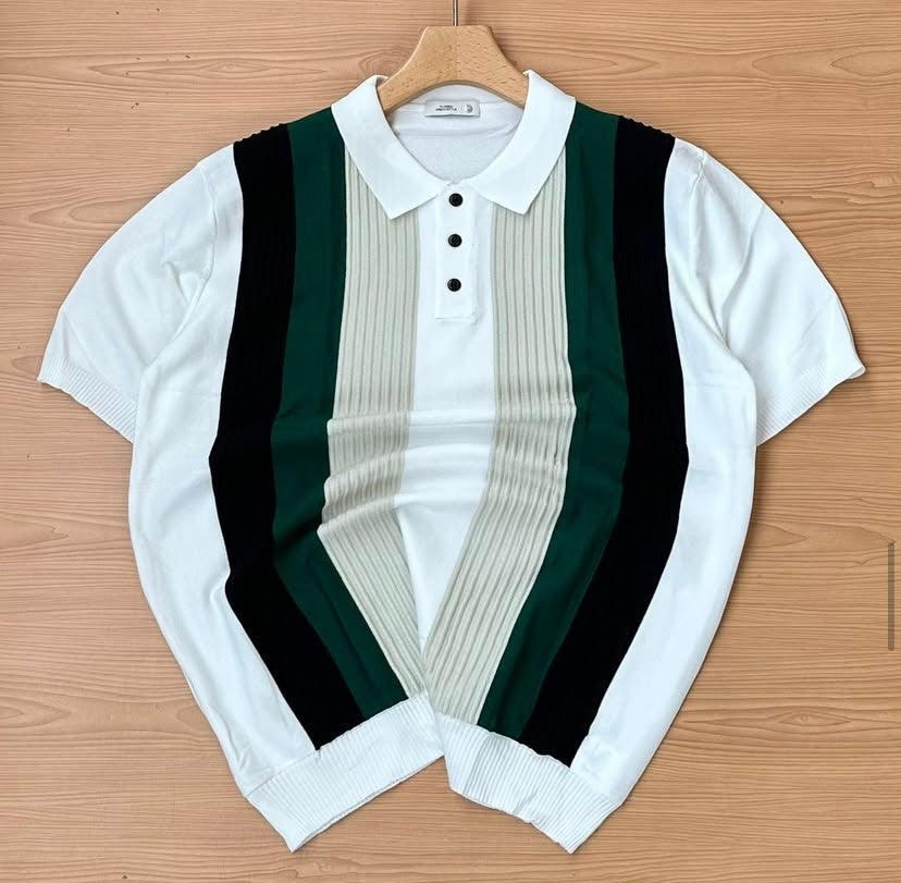 Classic Urban Style White Pista Green Black Colour With knitted Designs Premium Quality Collar Tshirt F6177