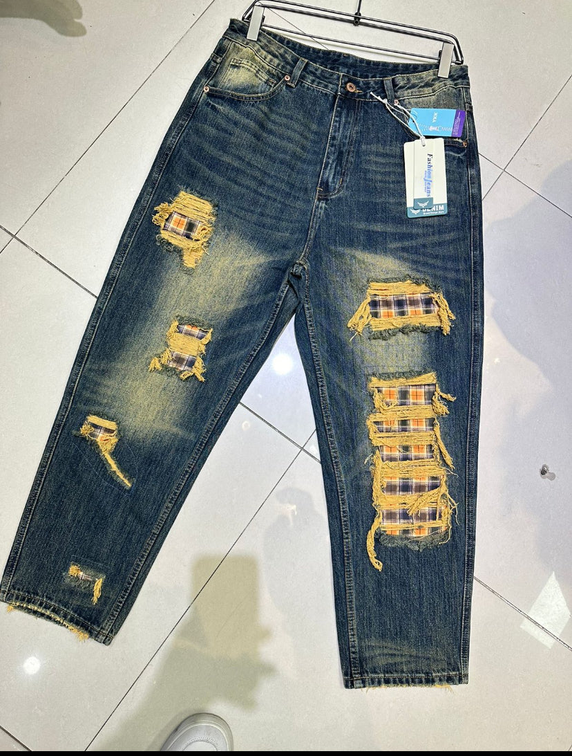 Korean Navy Blue Rugged Straight Fit Jeans 9062