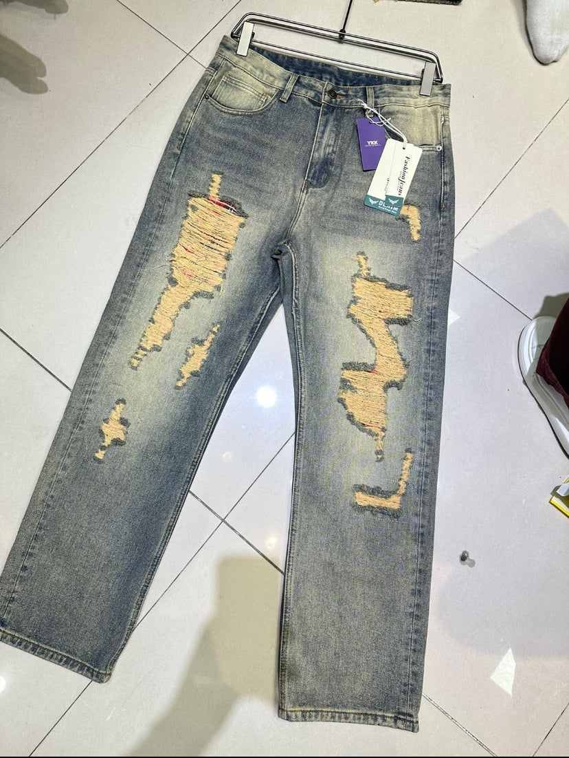 Korean Grey Colour Brown Shade Rugged Straight Fit Jeans 82A