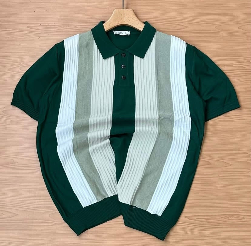 Classic Urban Style Green Pista White Colour With knitted Designs Premium Quality Collar Tshirt F6177