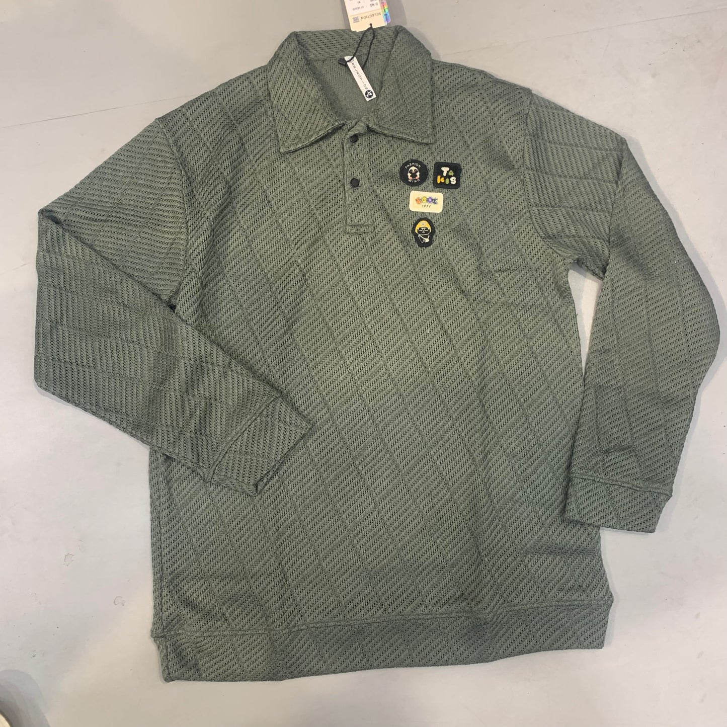 SELECTION Green Colour Crochet Style Full Sleeve Collar T Shirt 654985