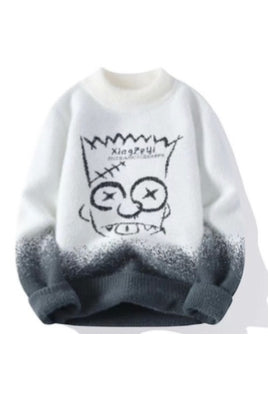 King Zeyi White Grey Colour with front Simpsons Speckled Pullover with Ribbed Hems Sweater 12572