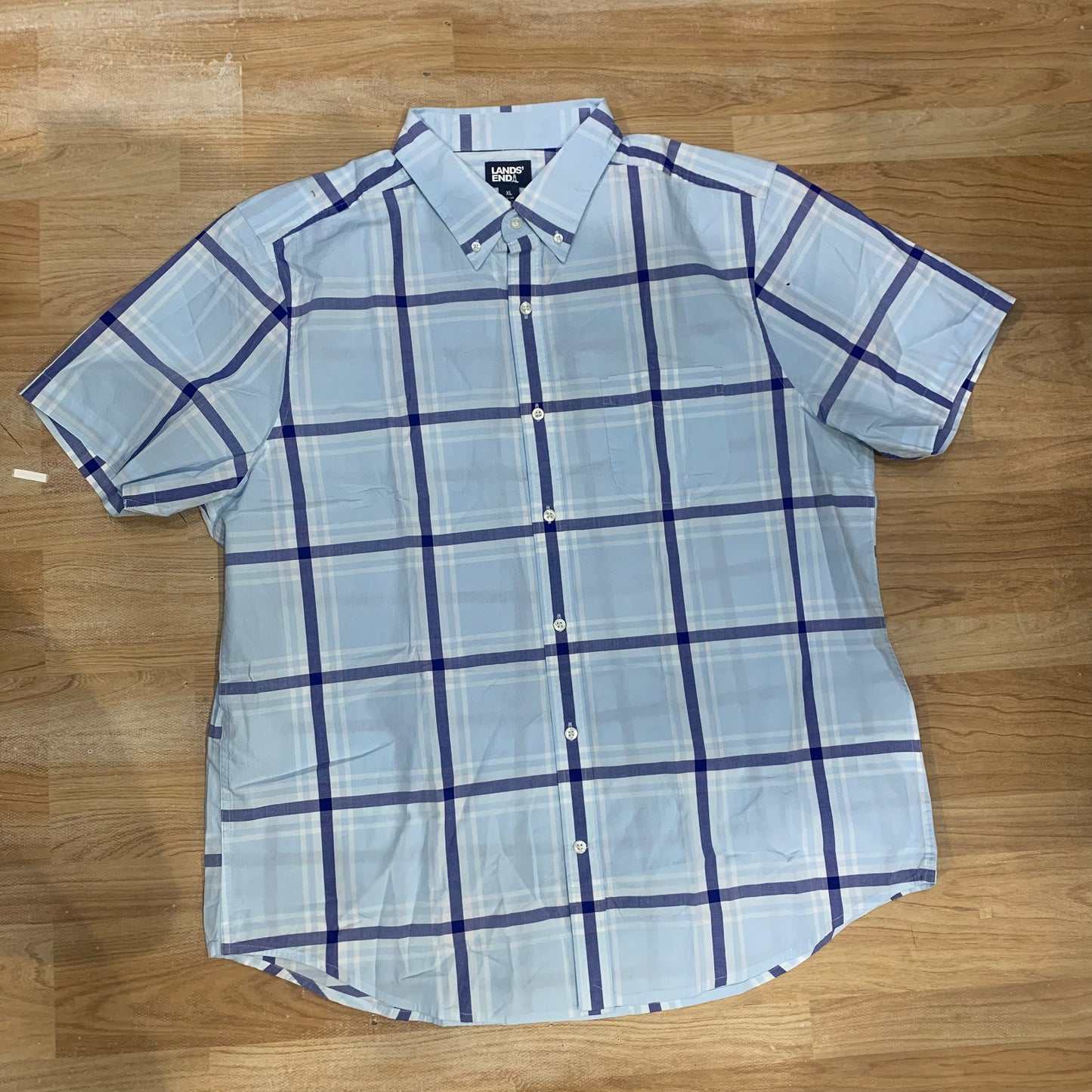 LANDS’ END Sky Blue Navy Blue Check Half Sleeve Cotton Shirt 988881