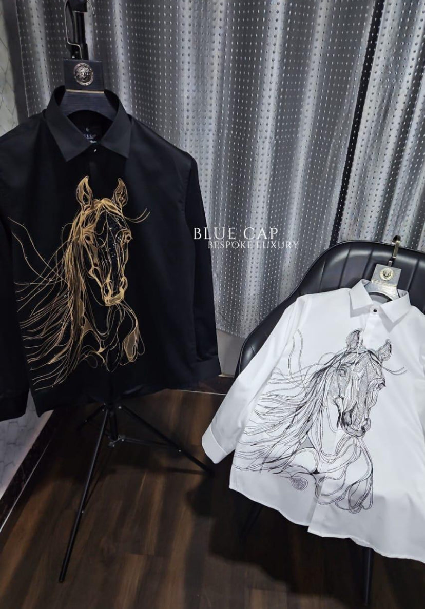 Blue Cap Black Colour Shirt Horse Stone Print H1005