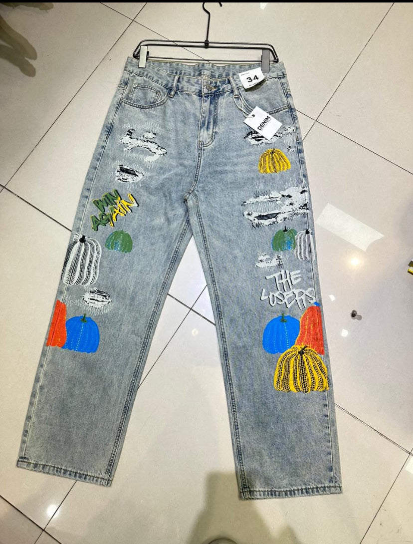 Korean Light Blue Pumpkin Yellow Blue White The Losers Print Straight Fit 19007