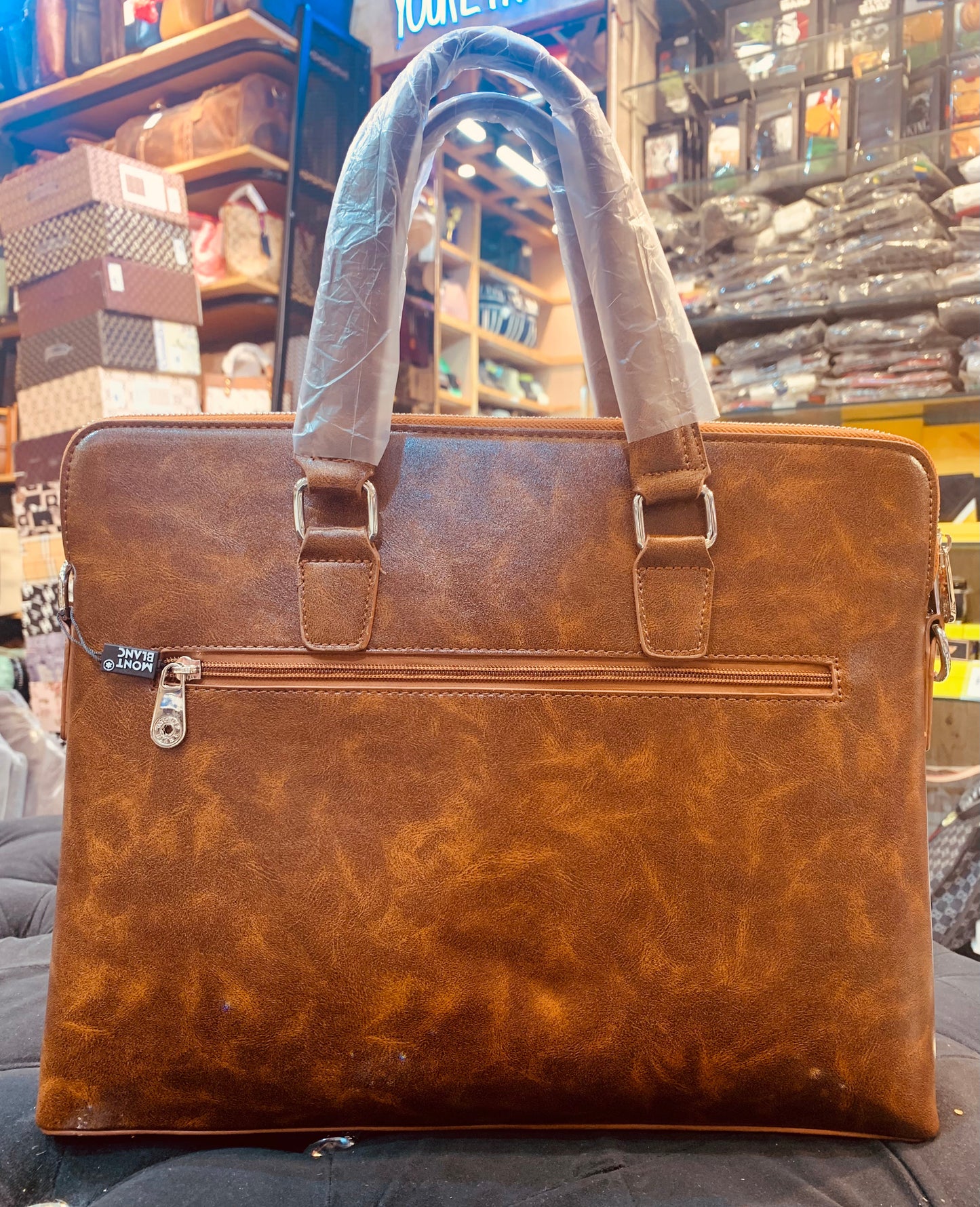 NOM MON Tan Colour With Multiple Zipper Laptop Bag 10381