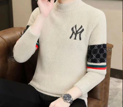 NY YN CUG Beige Colour Ny Print Winter Men's Sweater Korean Fashion Unisex Sweater 19338