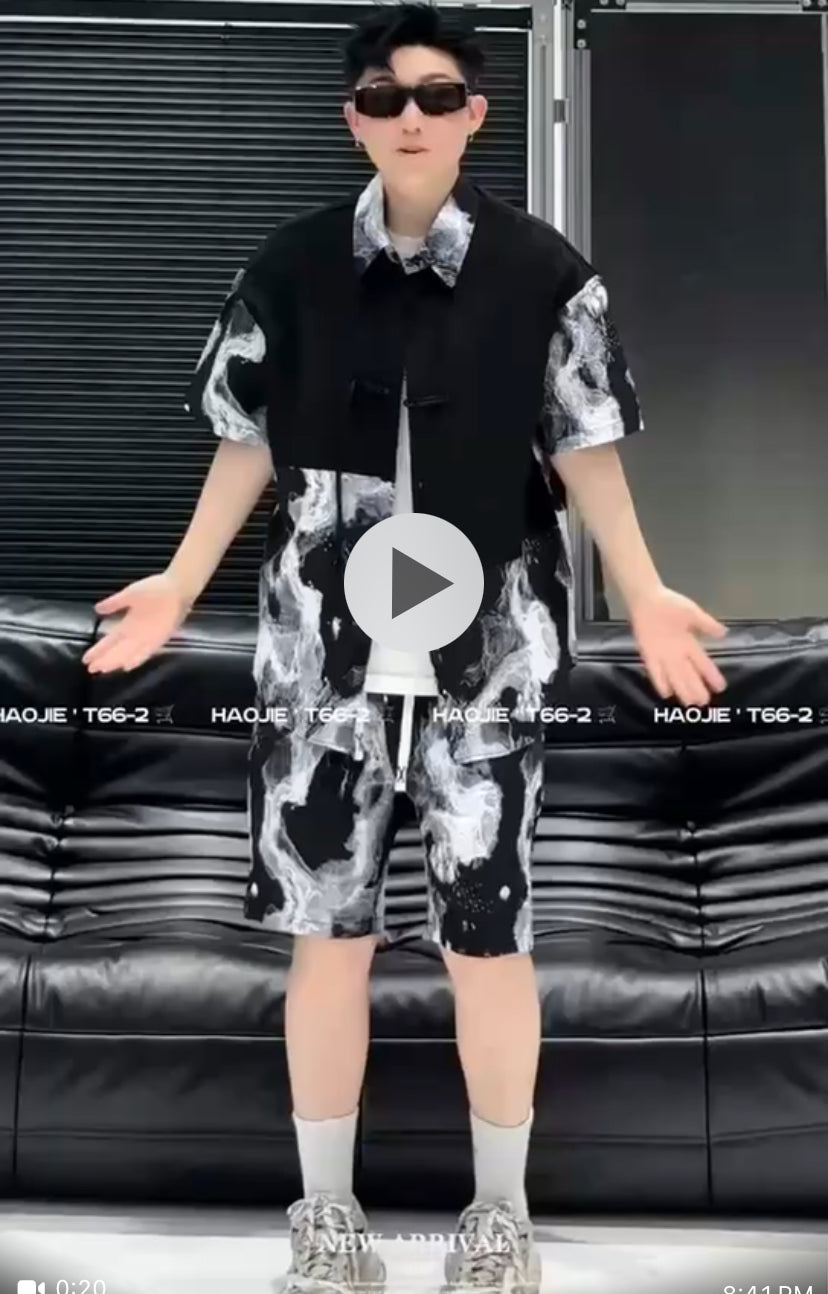 Shirt & Shorts White Black Coord Set T66-1