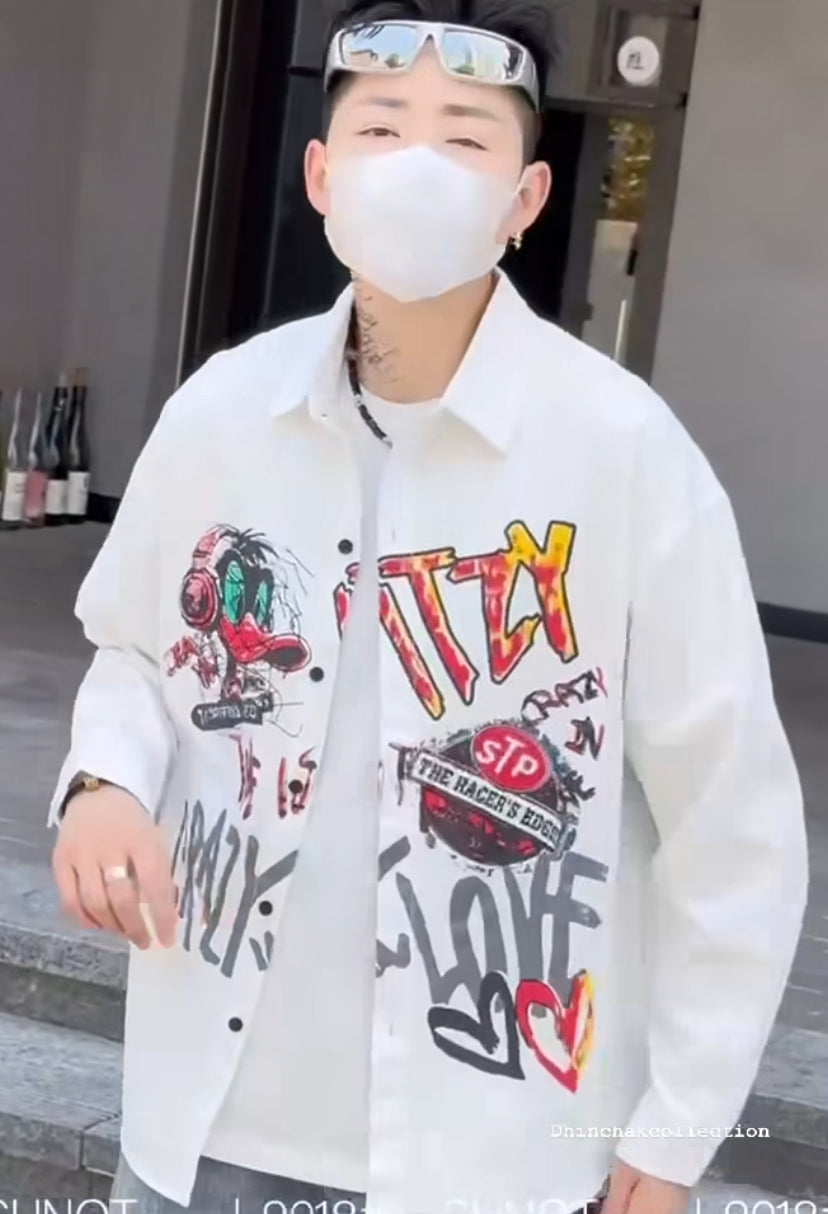 G.N White Colour THE RACER’S EDGE Printed Oversized Men’s Shirt 9018