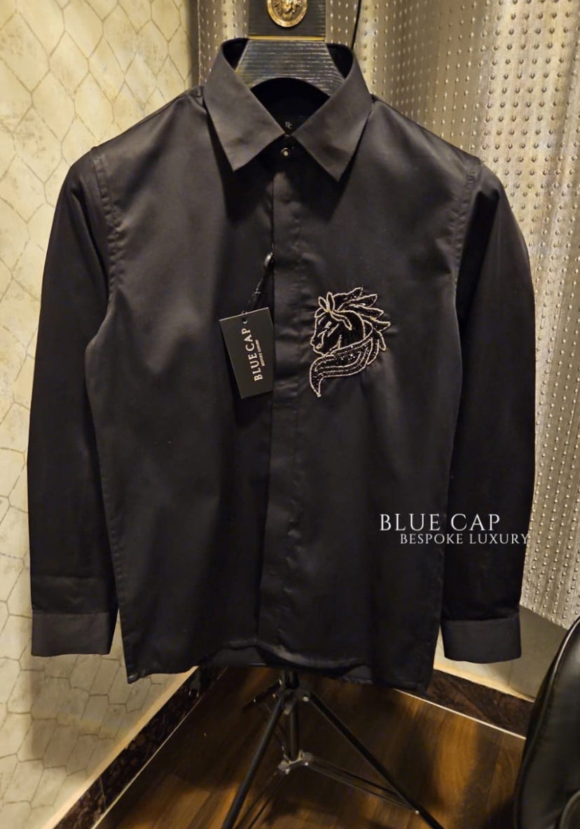 Blue Cap Black Colour Horse Stone Handwork Premium Quality Shirt H1006