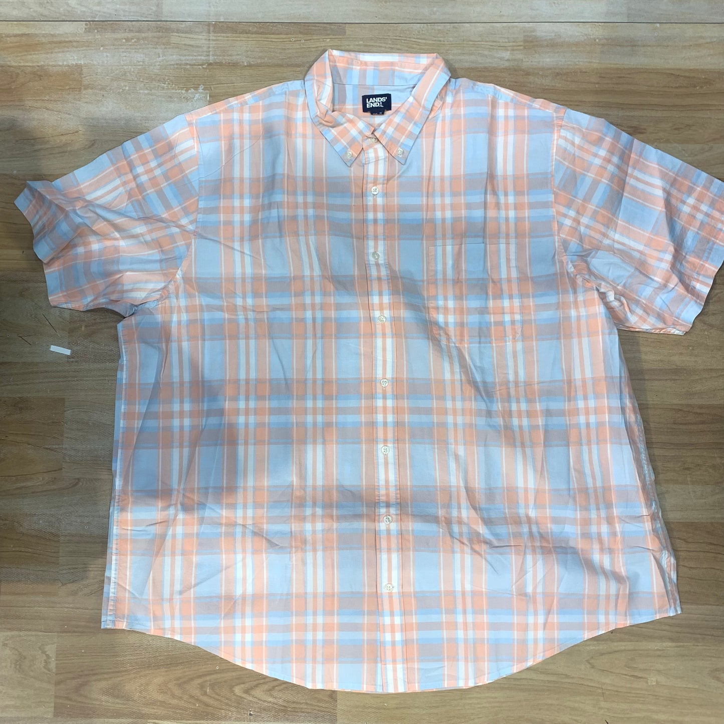 LANDS’ END Peach Sky Blue Check Half Sleeve Cotton Shirt 988882