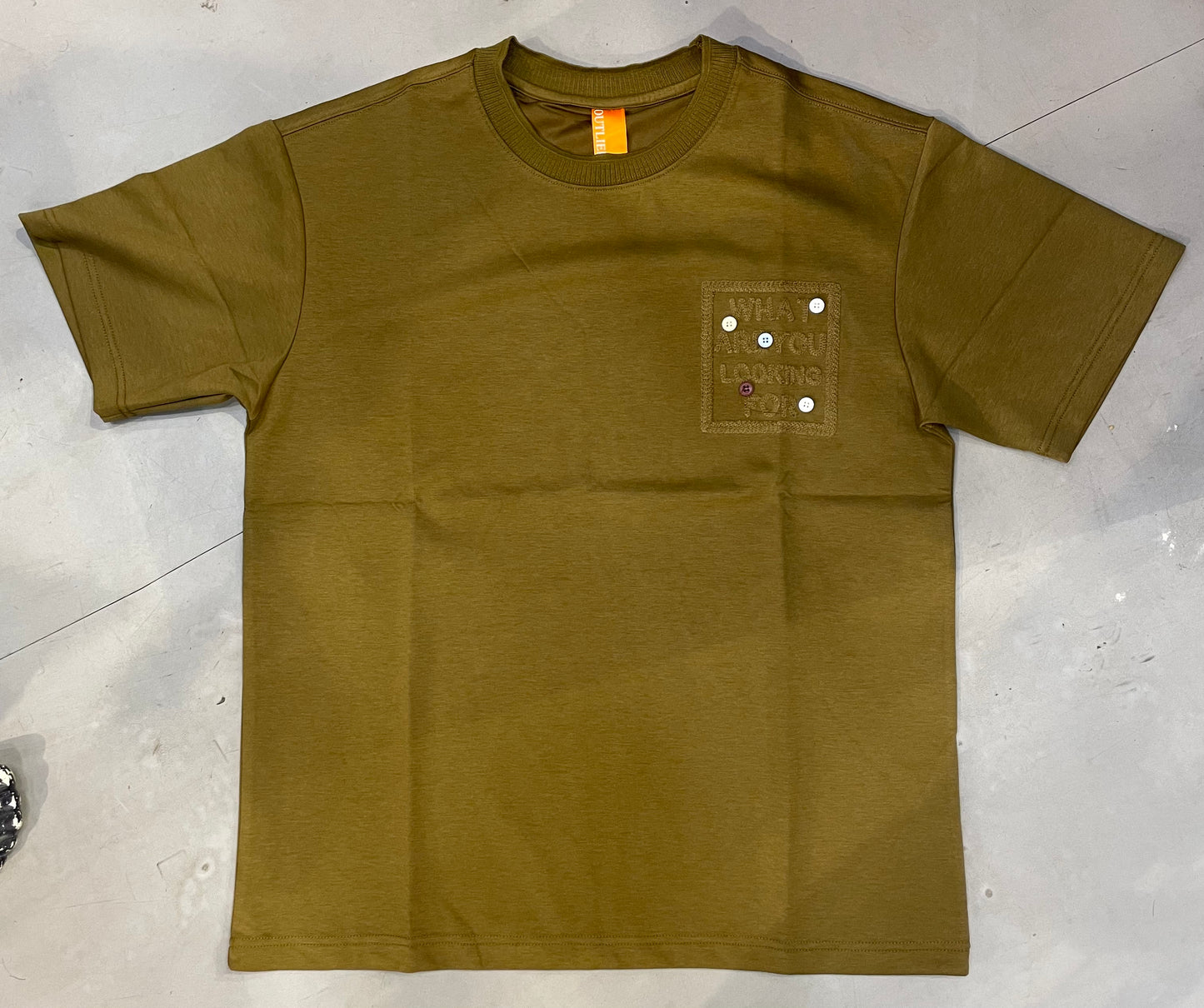 OUTLIER Olive Green Colour WHAT ARE YOU LOOKING FOR Button Patch Imported T-shirt OL507