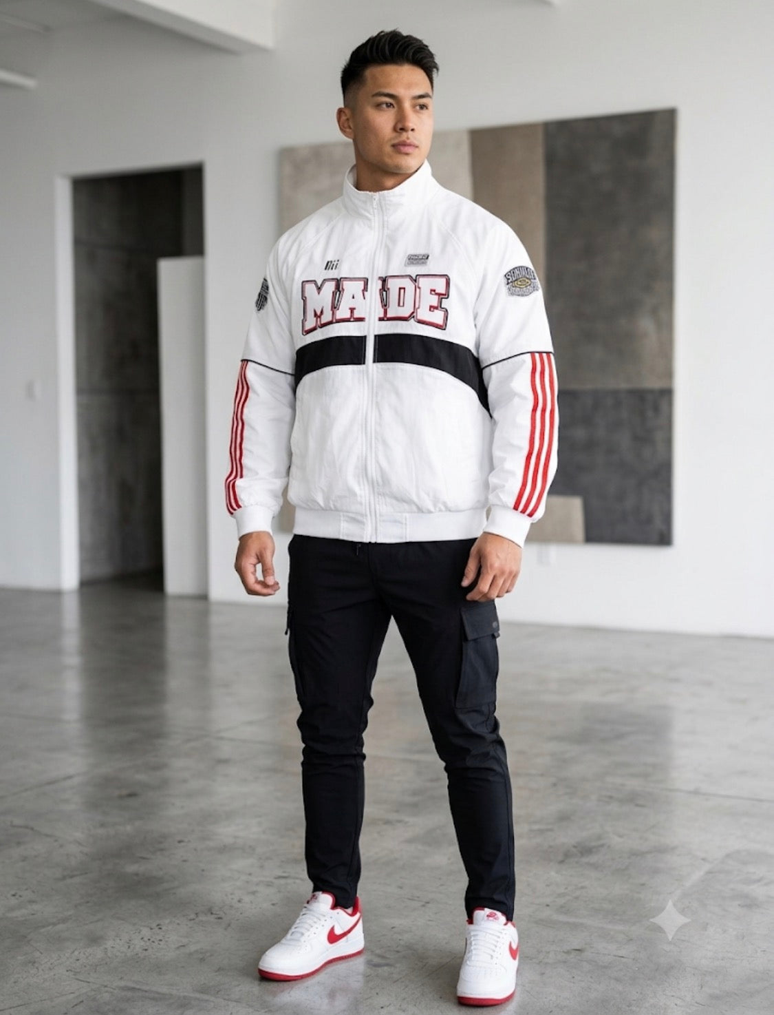 MADE White Colour With Red Black Embroidery Premium Quality Unisex Jacket 268-18