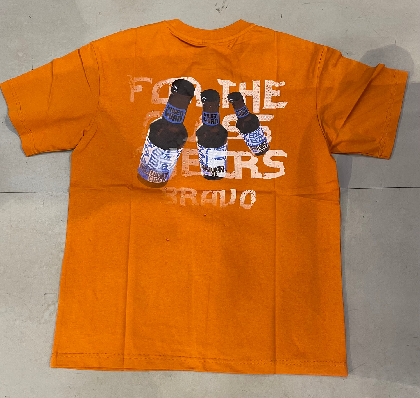 OUTLIER orange Colour Lucky Cider Bottle Print Stone Work Round Neck Tshirt OL521