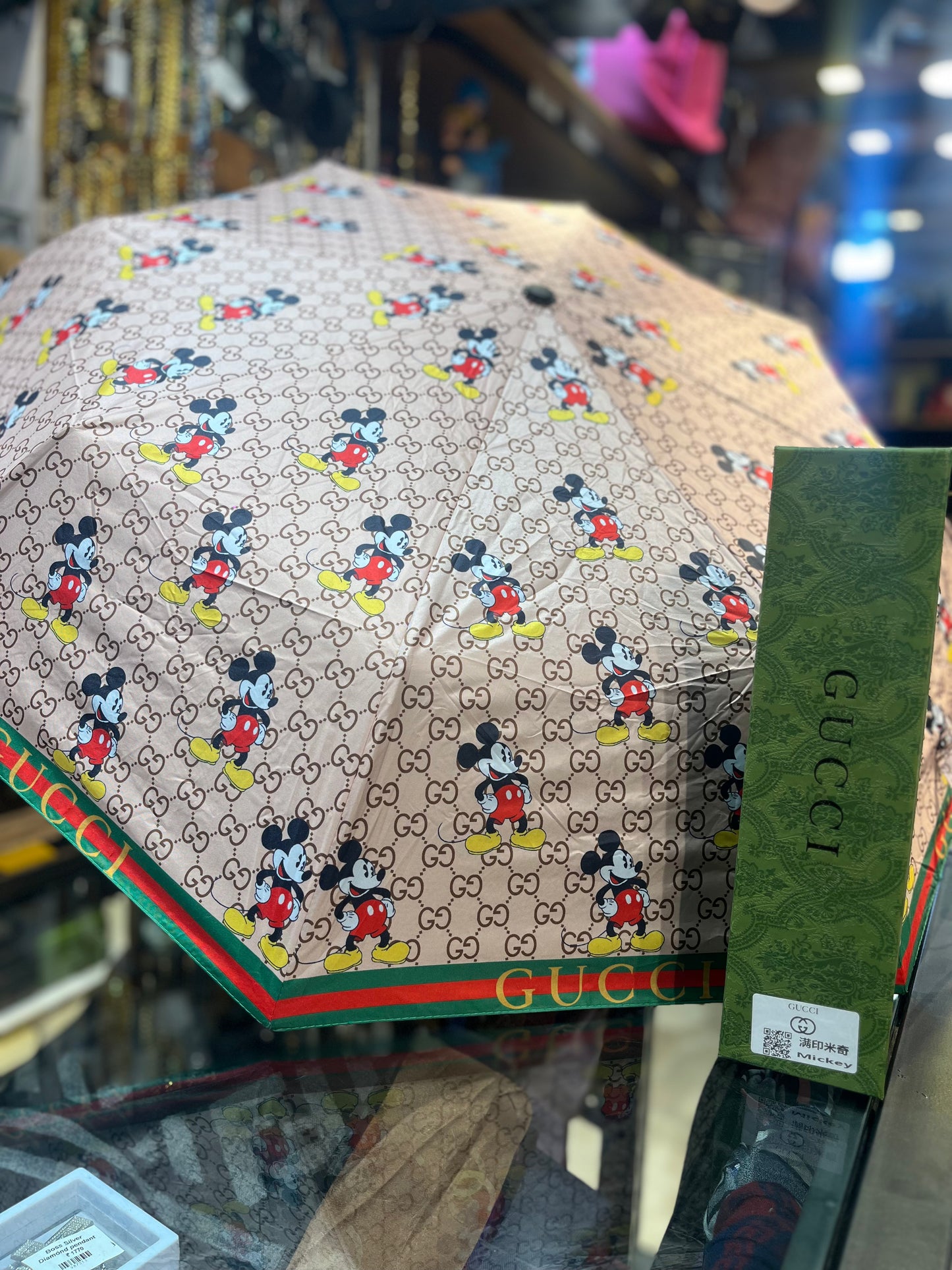 Cug Peach Colour Red Green Strip Mick Mouse Printed Imported Quality Umbrella