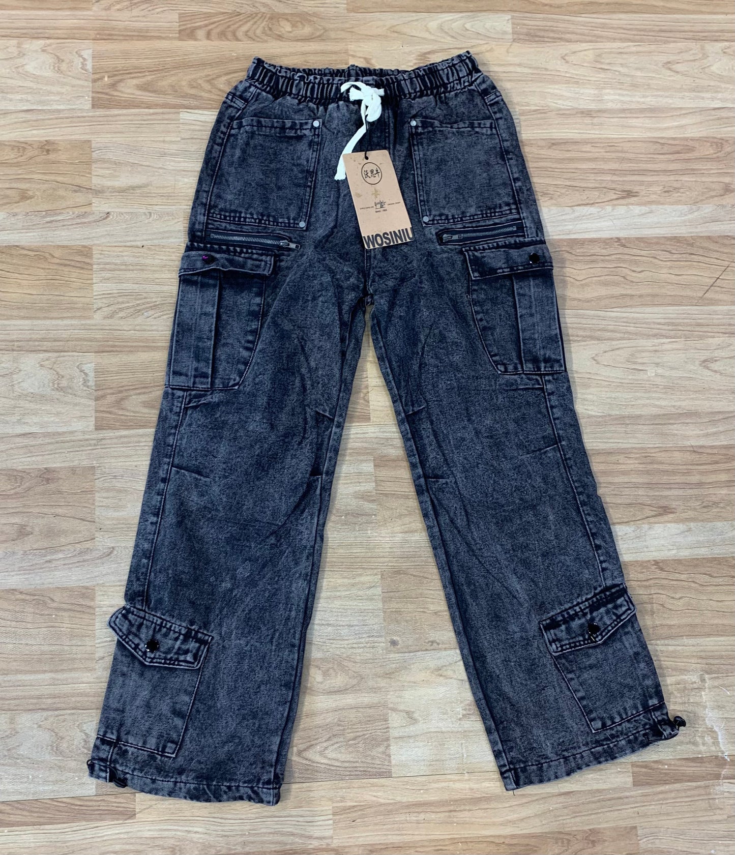 WOSINIU Dark Grey Colour Straight Fit Premium Quality Korean Style Multiple Pocket Cargo Denim 738