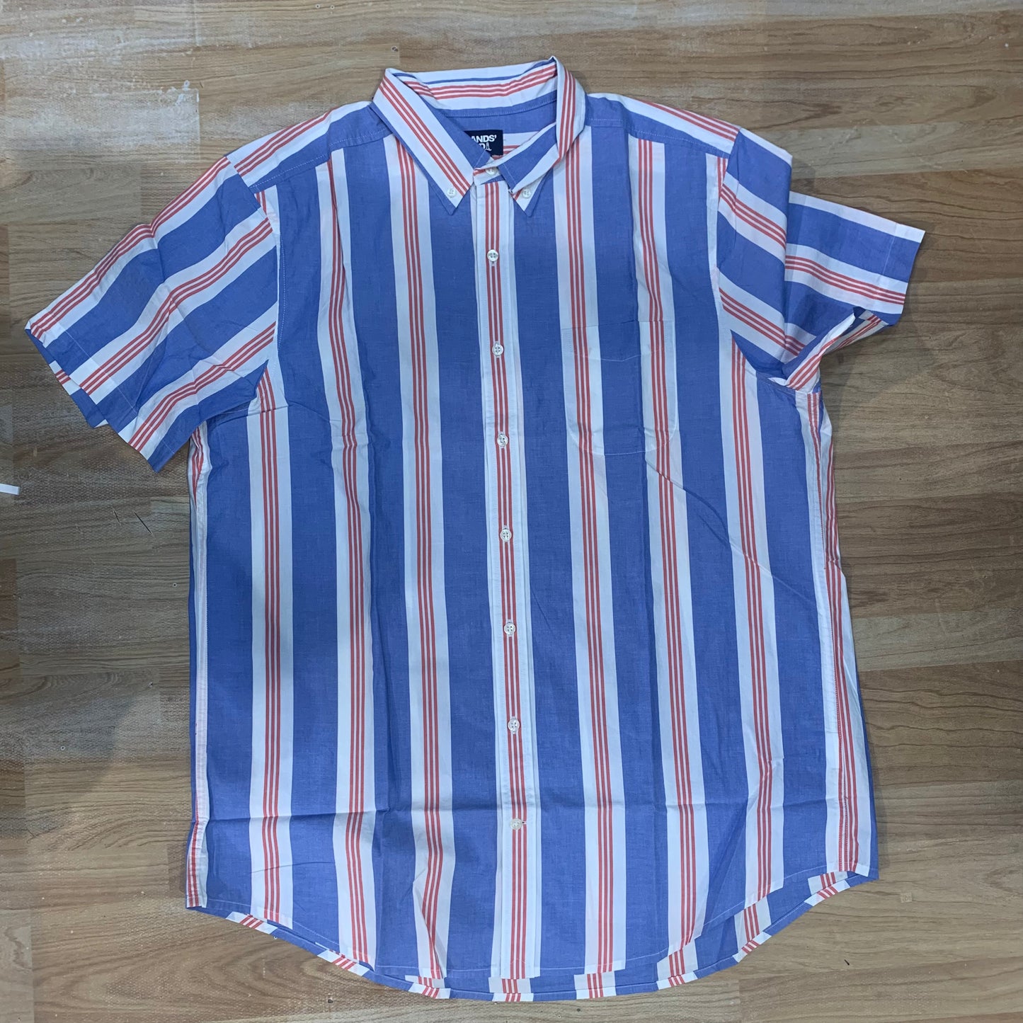 LANDS’ END Blue Red Stripe Floral Beach Shirt 224473120