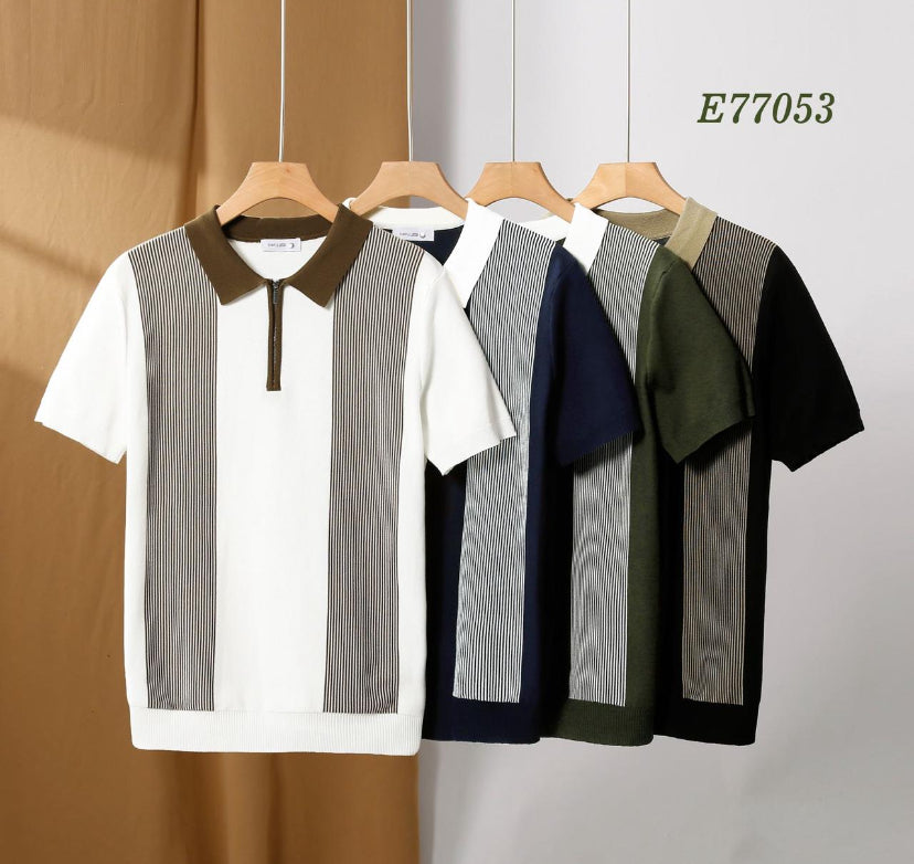 Simple Green White Colour With knitted Designs Premium Quality Collar Tshirt E77053
