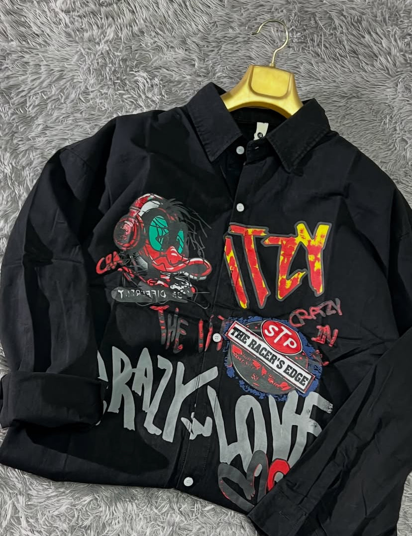 G.N Black Colour THE RACER’S EDGE Printed Oversized Men’s Shirt 9018