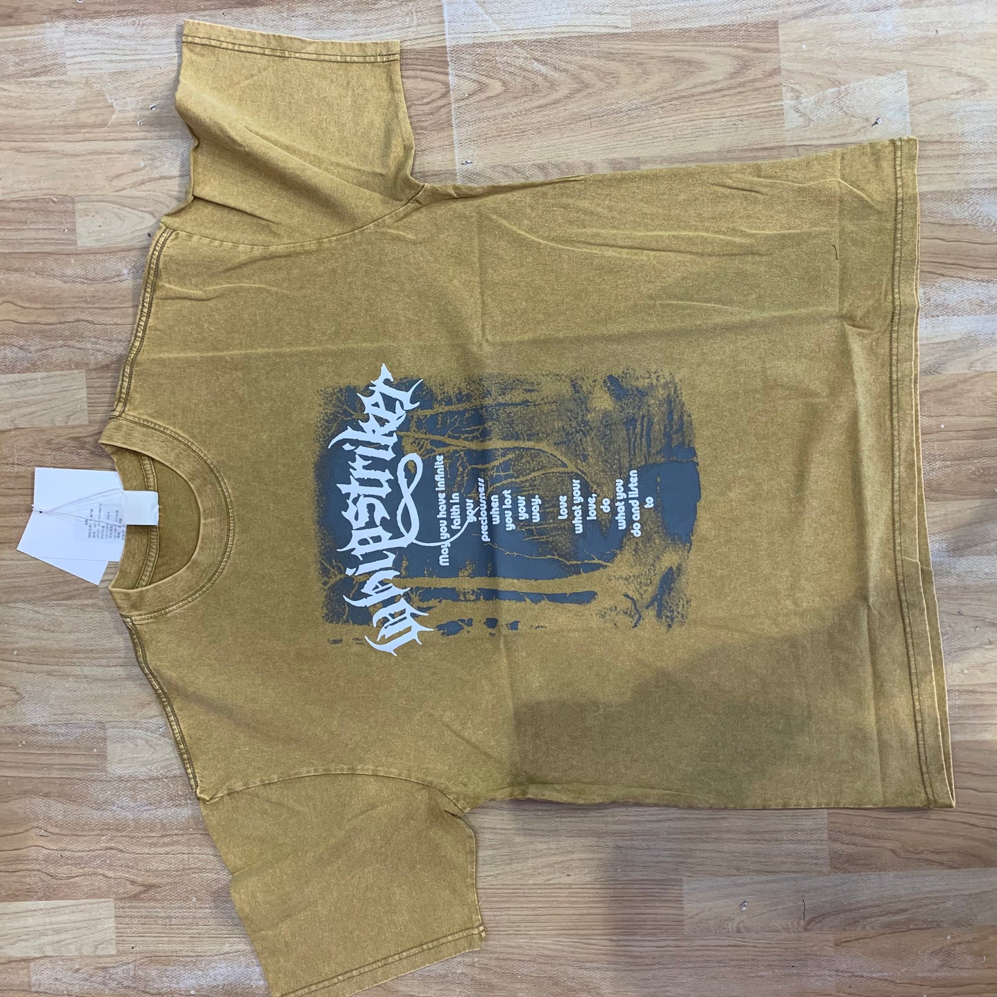 UNUSUAL Yellow Colour Faded Denim Style Printed Unisex Oversized T Shirt 86127