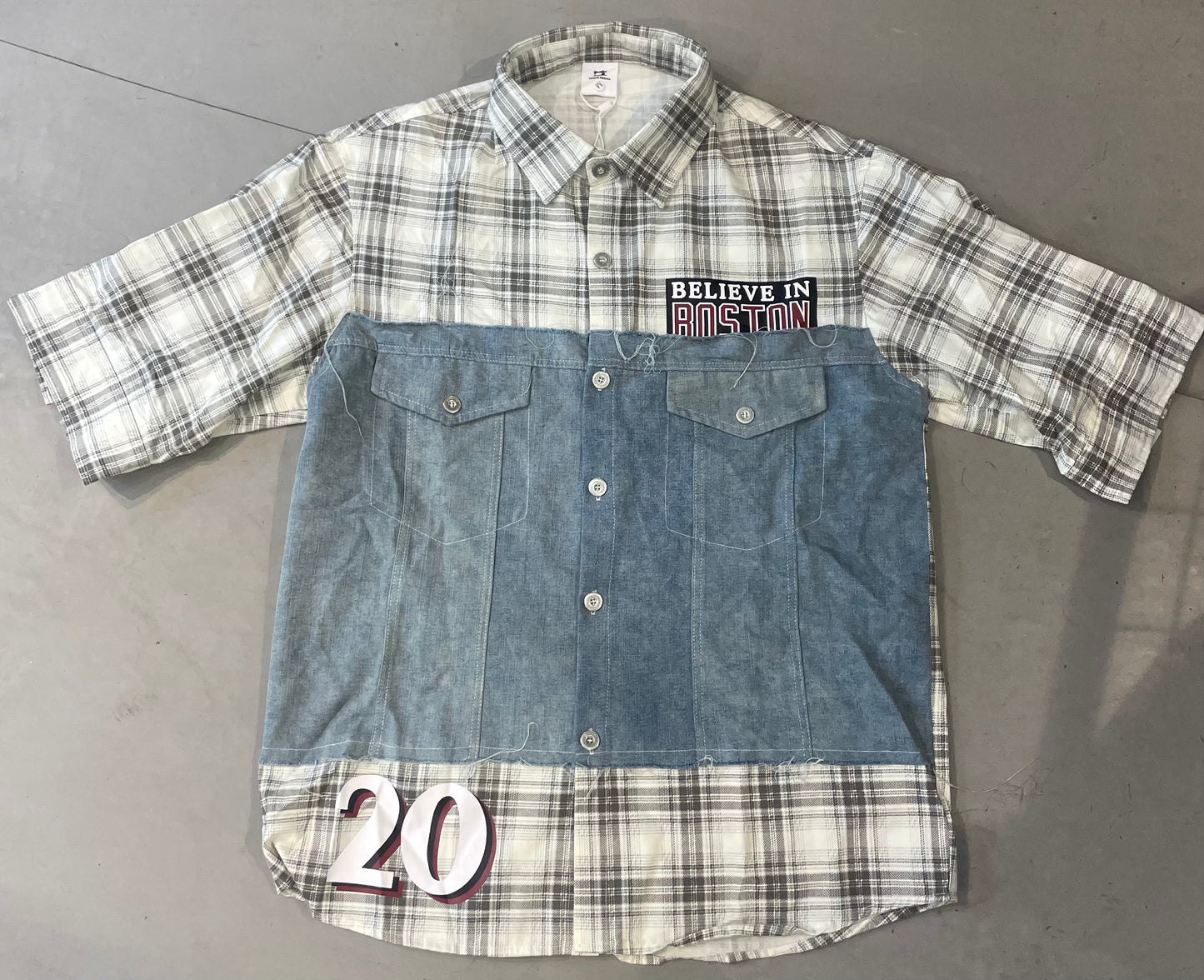 VOGUE DESIGN CENLES Cream Brown Check With Denim Half Sleeve Drop Shoulder Imported Men’s Shirt 2721