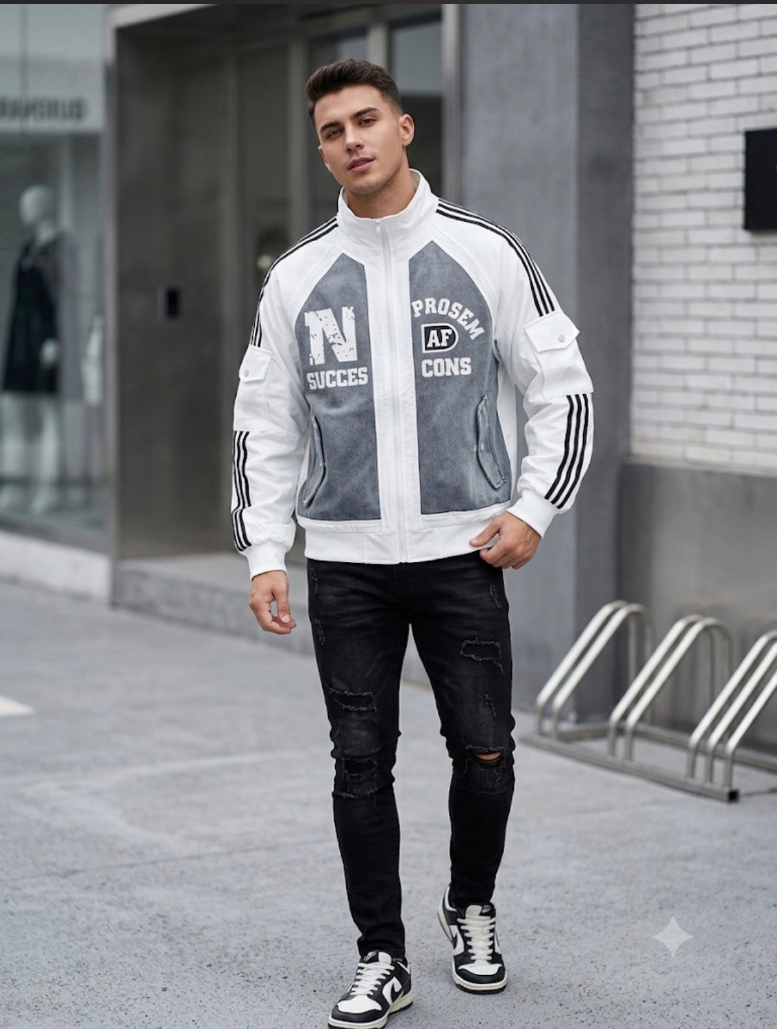 N SUCCES White Colour With Rugged Blue Denim Design Premium Quality Unisex Jacket 268-17