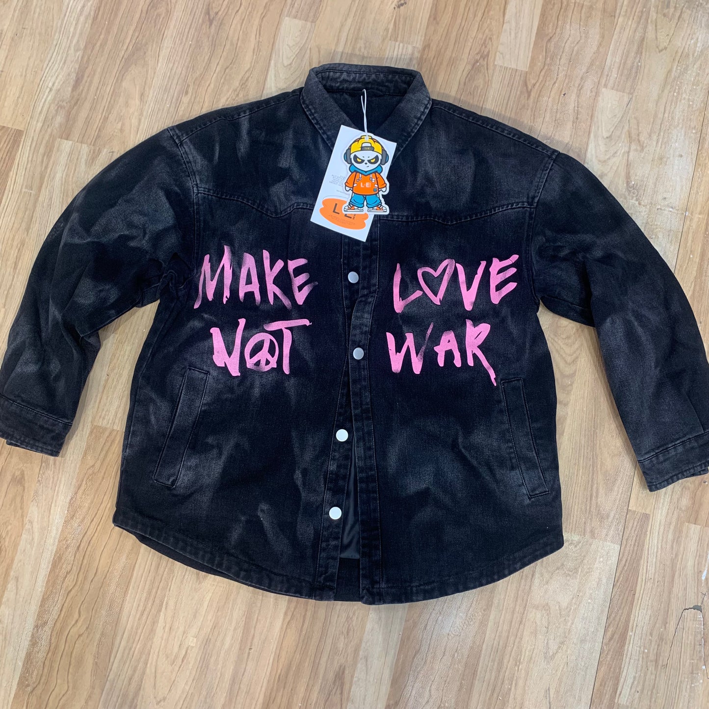 Denim Jacket Black Grey pink Printed Make Love Not War Black Colour 80846
