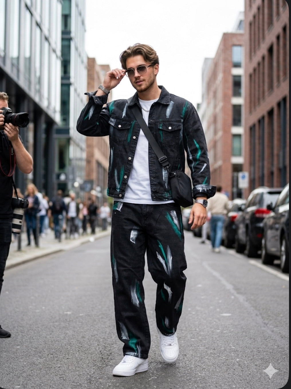 SHOW HONOR Denim Charcoal Grey Colour With White Green Painted Work Shirt And Jeans Imported Unisex Coord Set K21