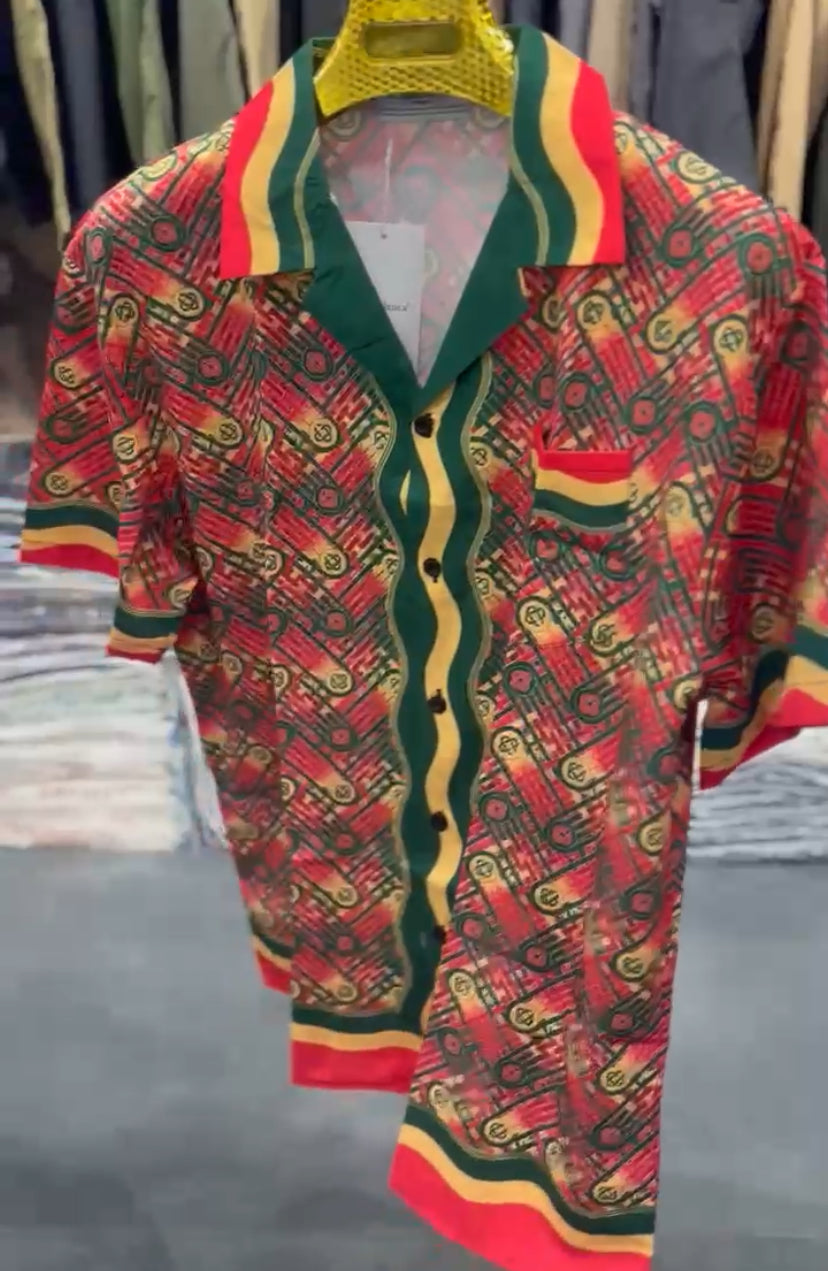 SAC Red Green Colour With Monogram Print Premium Quality Half Sleeve Shirt 65093