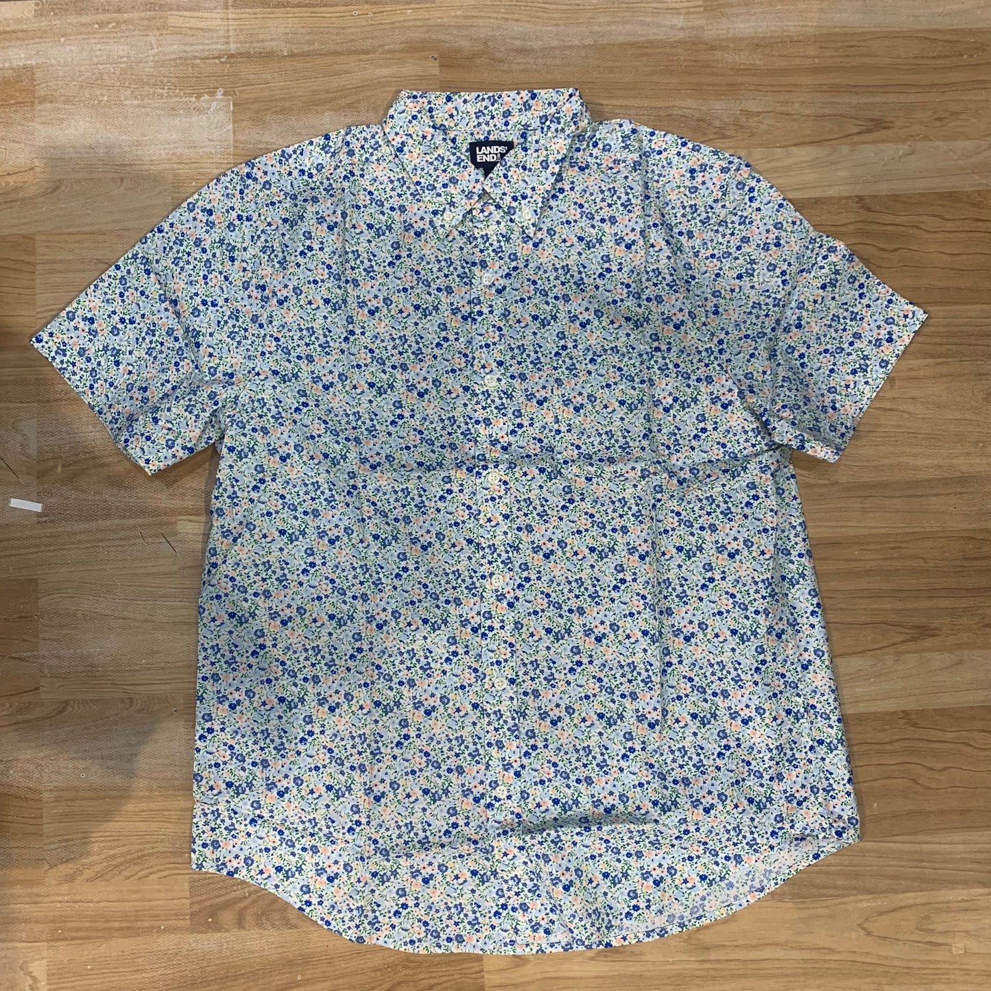 LANDS’ END Blue Peach Green Flowers Print Half Sleeve Cotton Shirt 988887