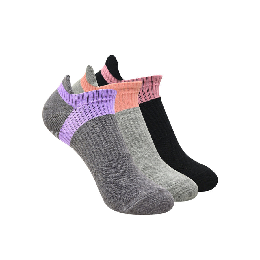 BALENZIA WOMEN'S LOW CUT, ANTI-SKID GYM SOCKS WITH MESH KNIT- BLACK, LIGHT GREY, DARK GREY-(PACK OF 3 PAIRS/1U)