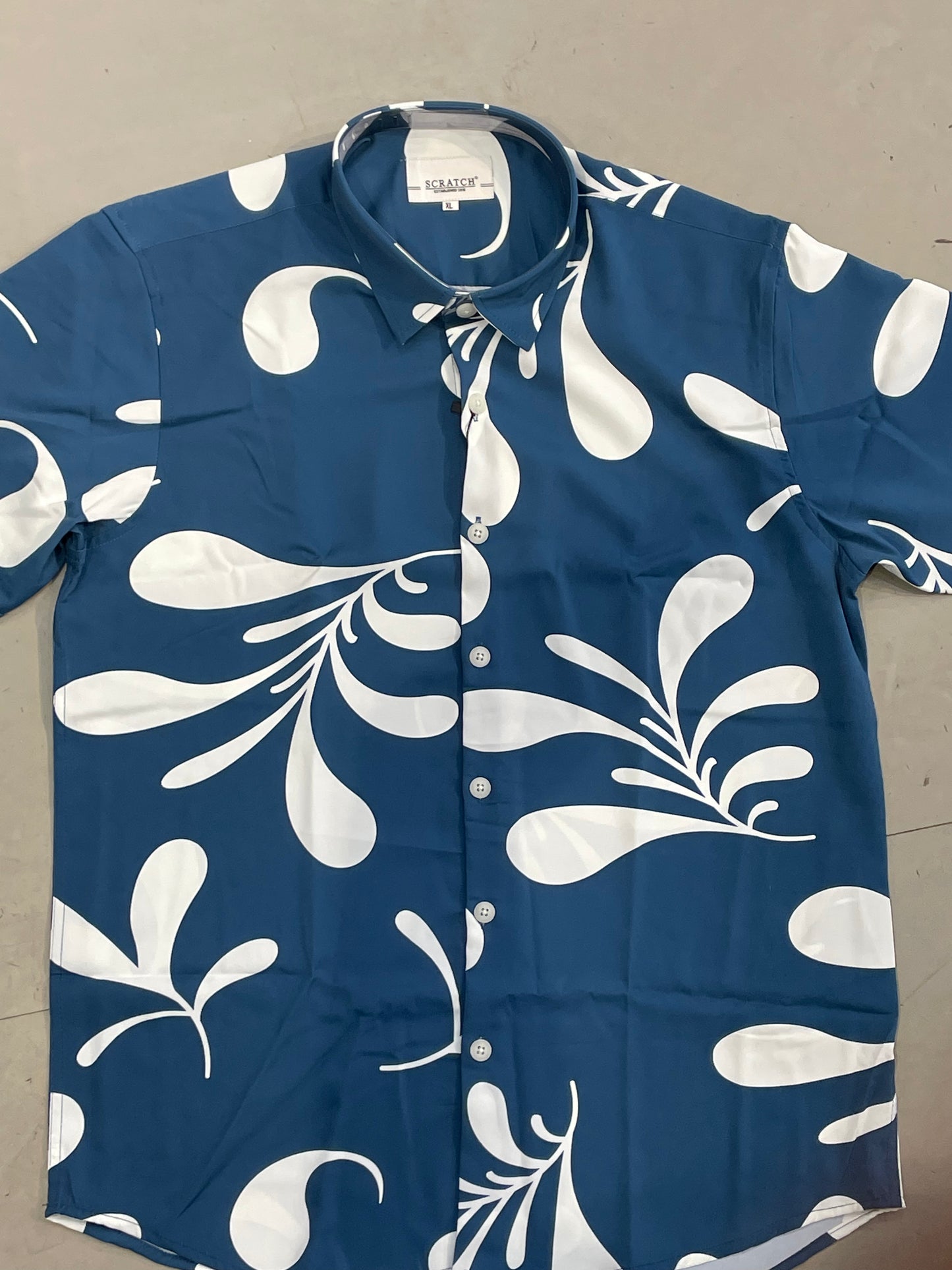 Scratch Blue Colour White Leaves Print Half Sleeve Shirt S2887H/S