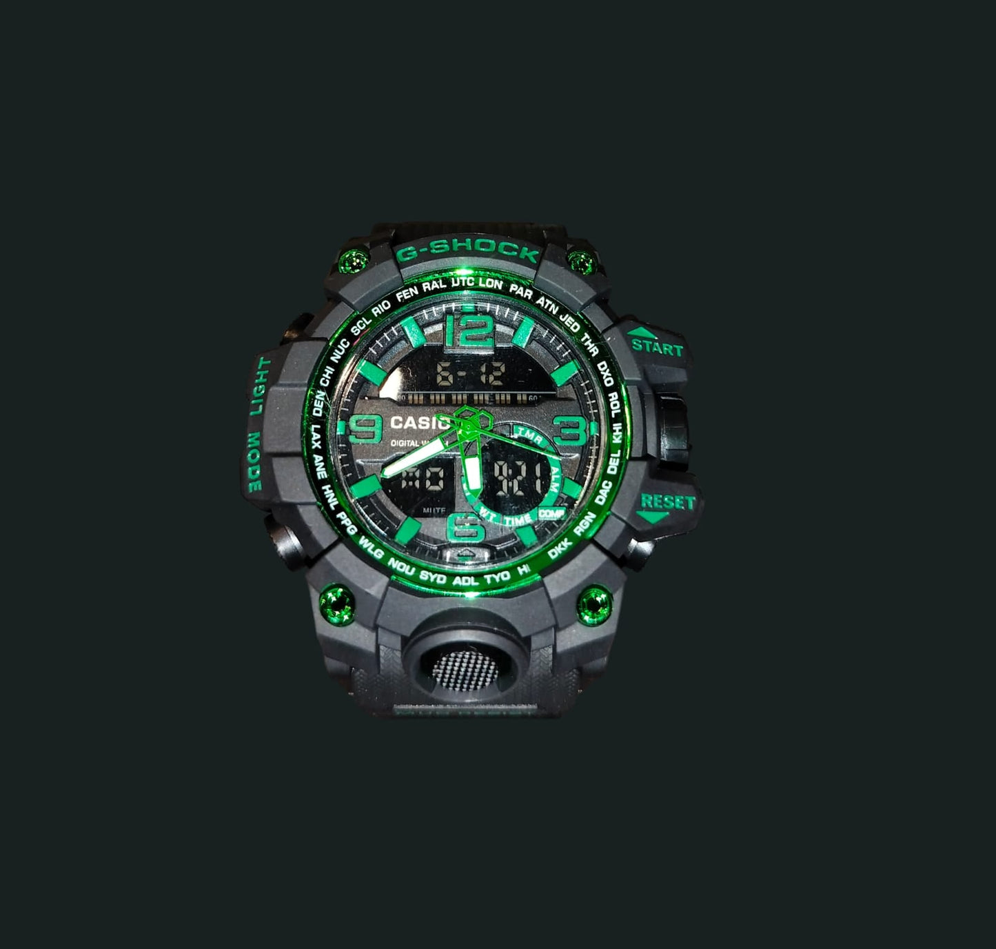 Oshg Black Strap Green Dail Water Resistance Sports Watch 402106