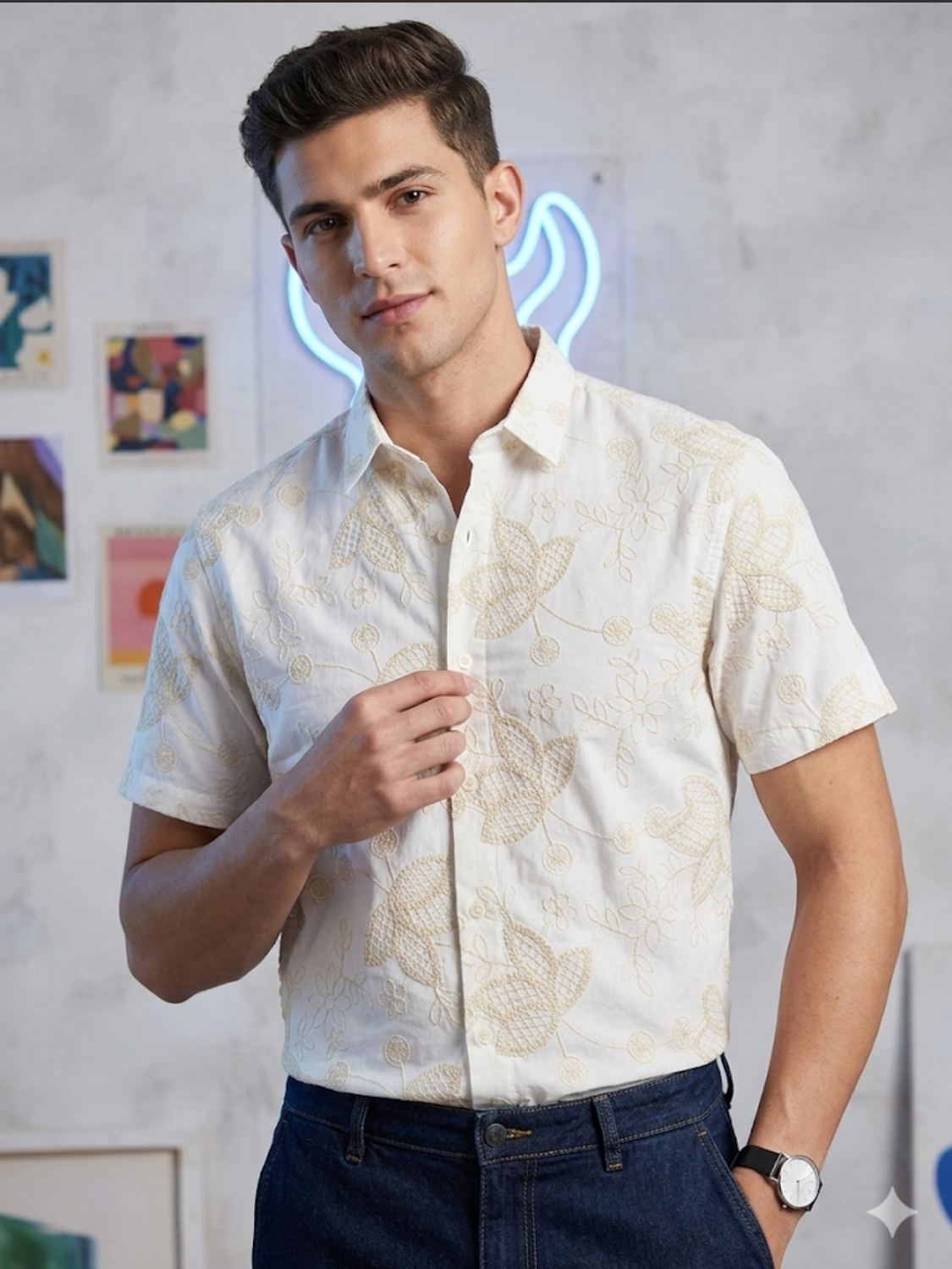 B.S.D White Colour Flower Embroidery Premium Quality Half Sleeve Shirts 2712