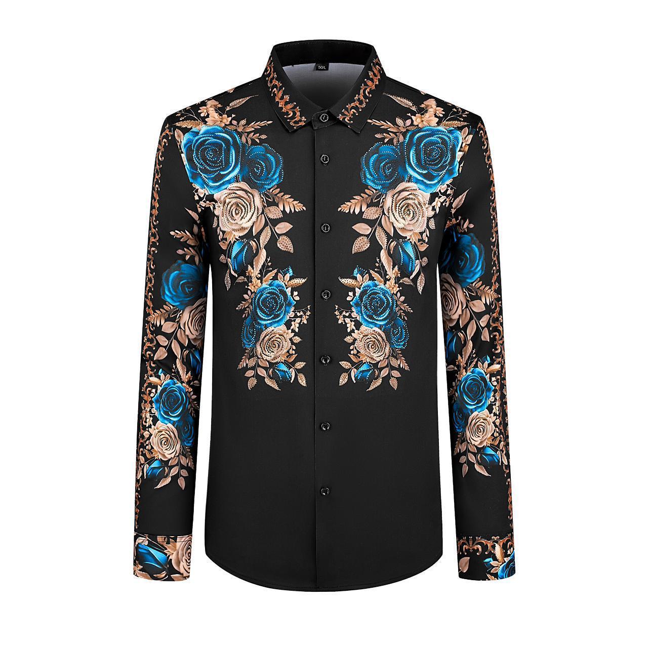 Modenggeda Black Colour Brown Copper Blue Stone Flower Print Premium Quality Imported Shirt 82542