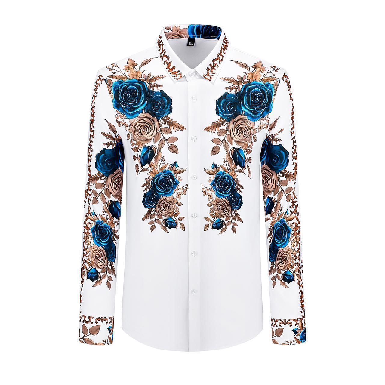 Modenggeda White Colour Brown Copper Blue Stone Flower Print Premium Quality Imported Shirt 82542