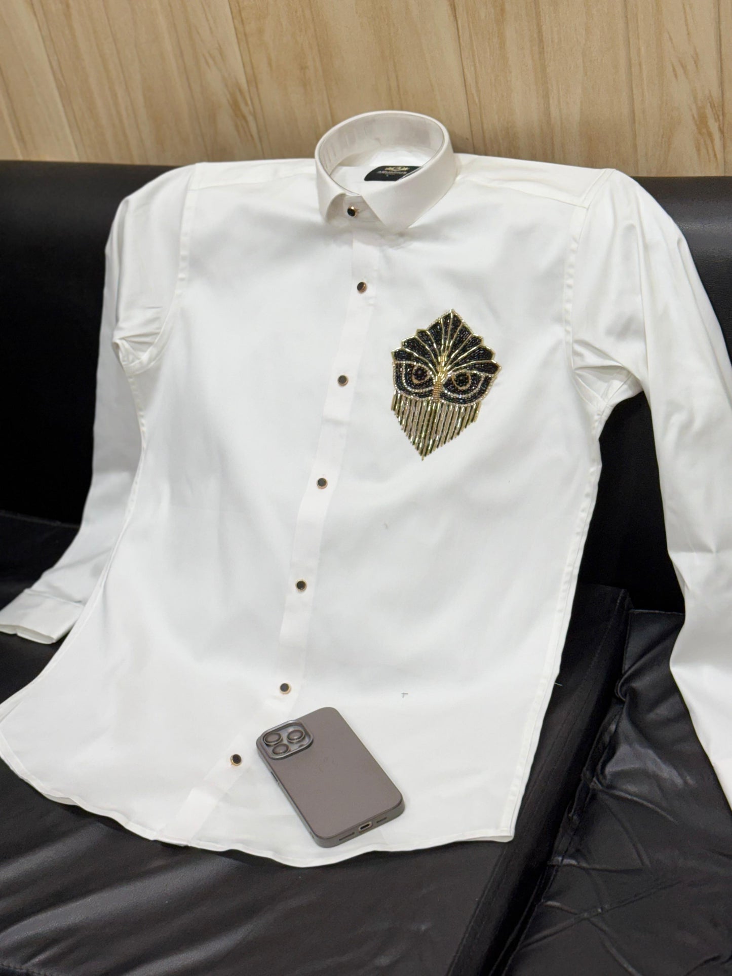 AQUARIUS White Colour Owl Black Gold Stud Design Premium Quality Full sleeve Shirt 2510