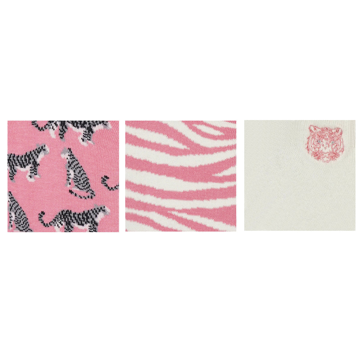 BALENZIA WOMEN'S WWF-INDIA WHITE & PINK LOWCUT SOCKS | 3-PACK | TIGER PRINT & EMBROIDERY