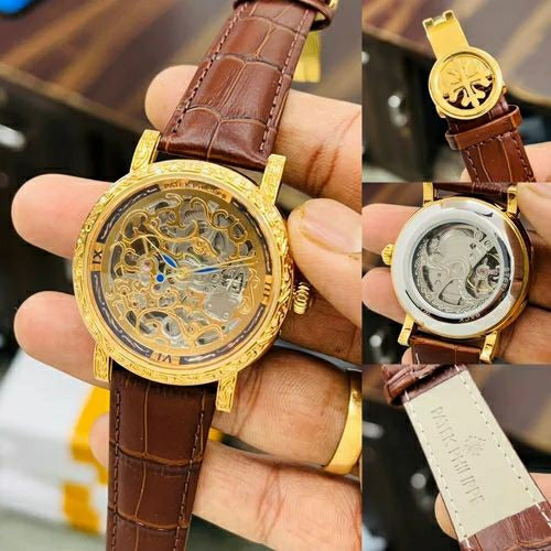Pp Tan Strap Gold Dial Automatic Men Watch